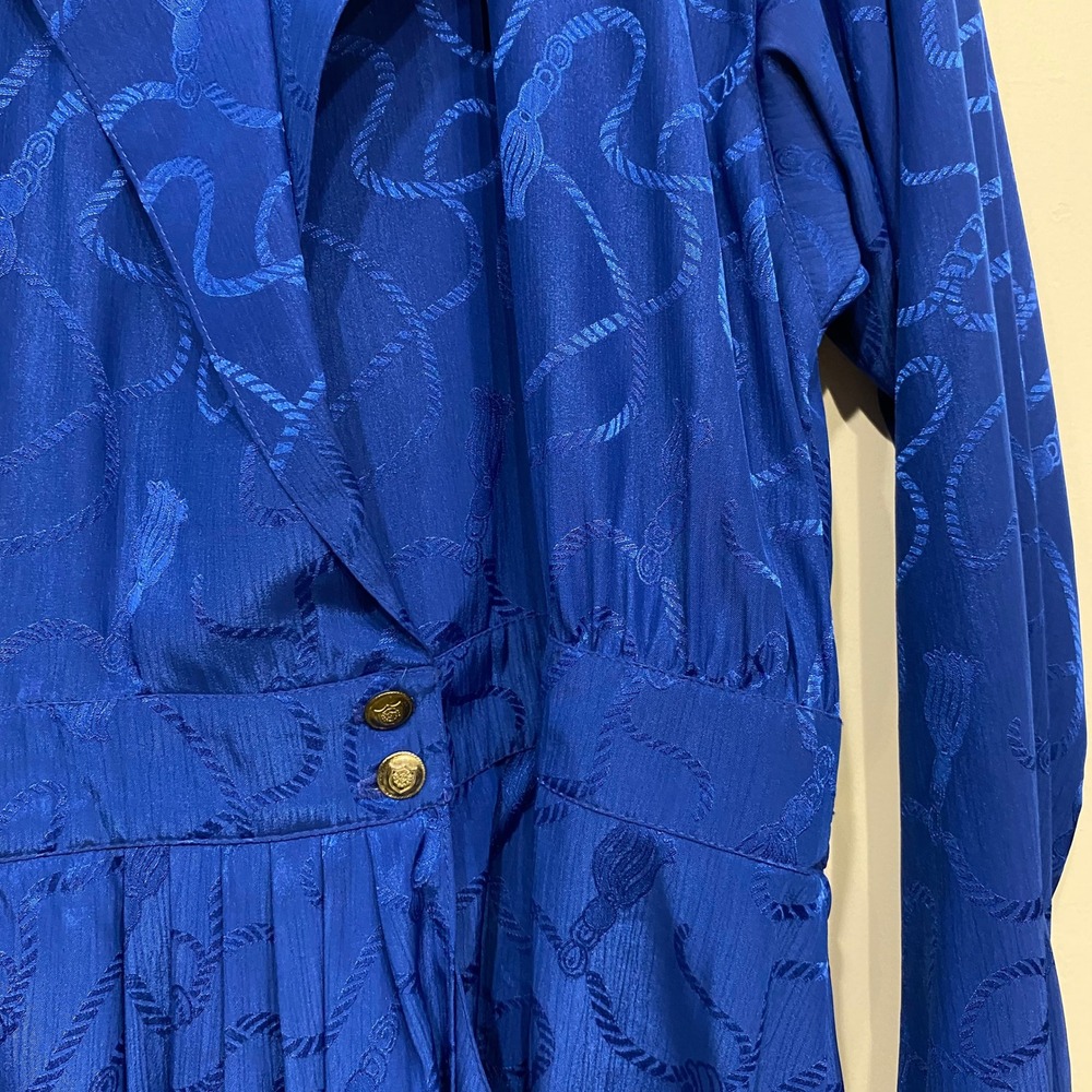 Vintage Leslie Fay Royal Blue Jacquard Tassel Midi Dress Long Sleeve Size 10 - Picture 2 of 7